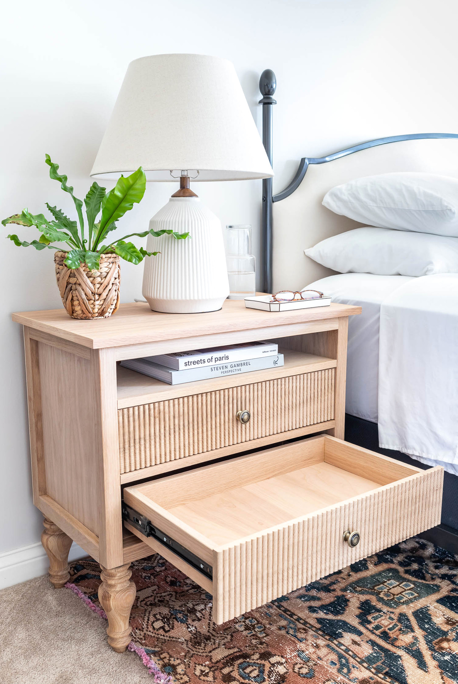French country / Swedish Gustavian bedside tables - white oak nightstands with beaded drawers