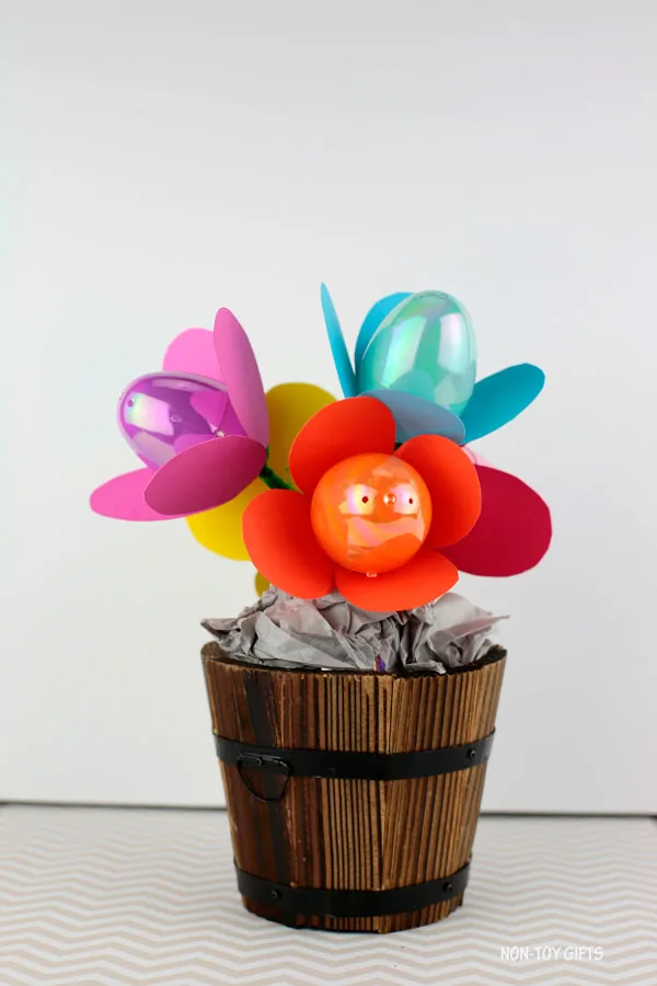 Plastic Easter egg flower project for children and adults
