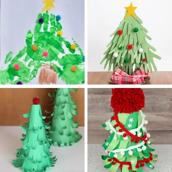 Christmas trees made with several kids handprints