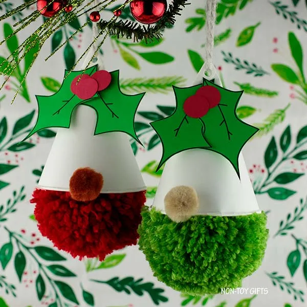 easy homemade DIY Christmas Gnome Pom Pom Ornaments for kids to make this December