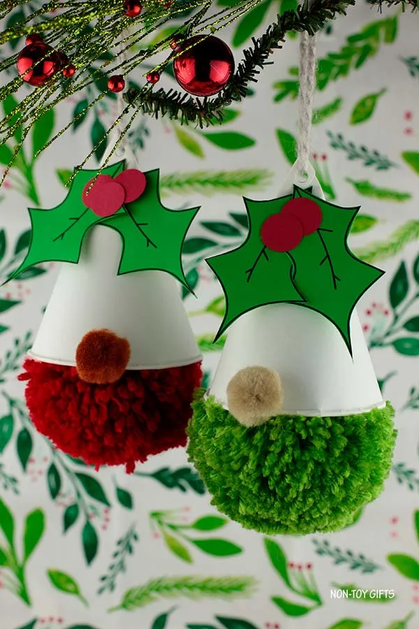 Homemade Christmas gnome pom pom ornaments for kids to make