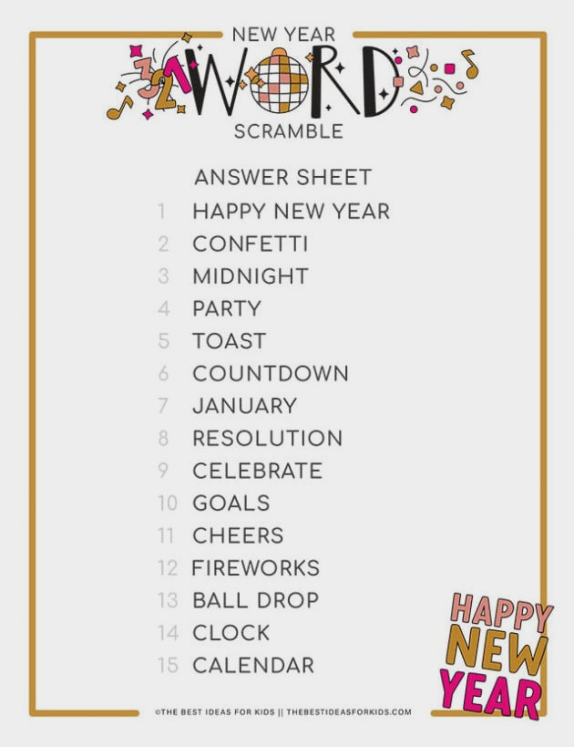New Year's Eve Word Scramble Solutions