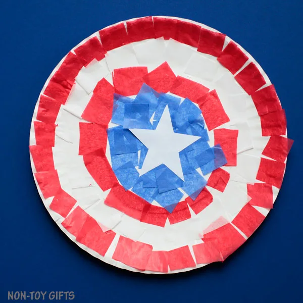 Captain America paper plate shield project for superhero-loving children.