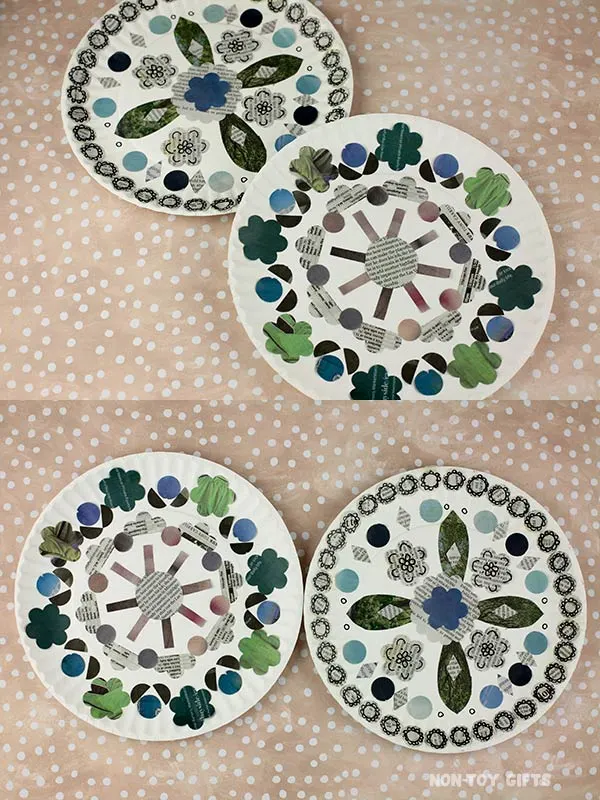 mandala artwork made with a paper plate and newspaper