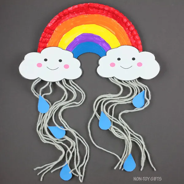 Paper plate rainbow rain cloud craft for kids