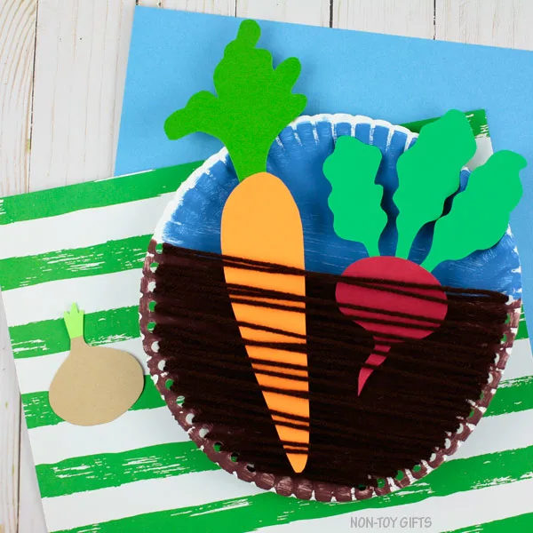 Vegetable craft for kids with paper plate and yarn