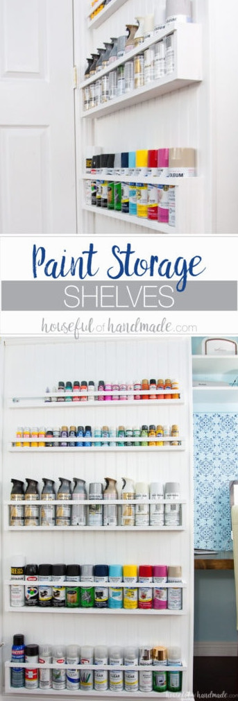 Create the perfect DIY paint storage from scraps or cheap wood. The paint storage shelves can even be hung in closets or behind doors to free up even more space. Housefulofhandamde.com | $100 Room Challenge | Spray Paint Storage | Craft Paint Storage | Craft Room Organization | Scrap Wood Build Plans | Free Build Plans | DIY Storage Solutions | Craft Room Makeover | Office Makeover