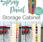 3D SketchUp illustration of the spray paint cabinet beside the finished cabinet packed with spray paint cans and text overlay: Rotating Spray Paint Storage Cabinet.