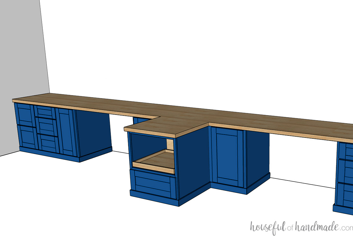 Illustration of the built-in desk with two computer stations and a central peninsula containing a computer cabinet.
