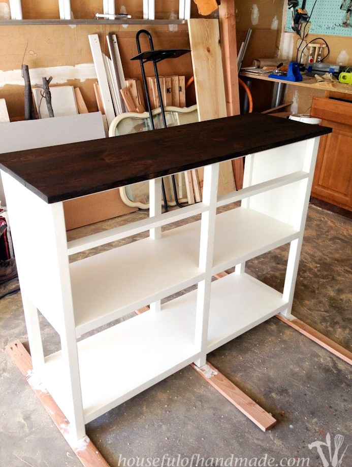 Finished top on the coffee bar console table.