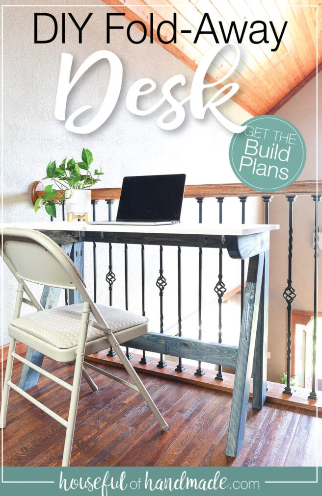 Beautiful DIY desk on a loft overlooking the room below.