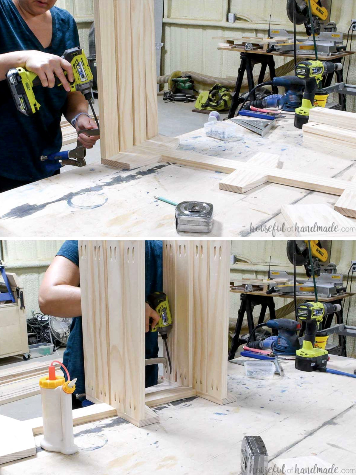 Securing the tray-bottom slats to the storage cart.