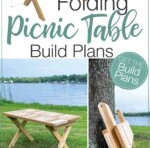 3D drawing of the folding picnic table alongside two images of the finished table: one assembled and another folded, featuring the text: Folding picnic table build plans.
