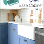 3D illustration of a farmhouse sink base cabinet alongside a photo of the finished cabinet with an apron sink fitted.