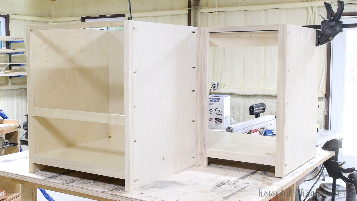 T-shaped desk cabinet featuring a printer cabinet and blind corner storage cabinets.