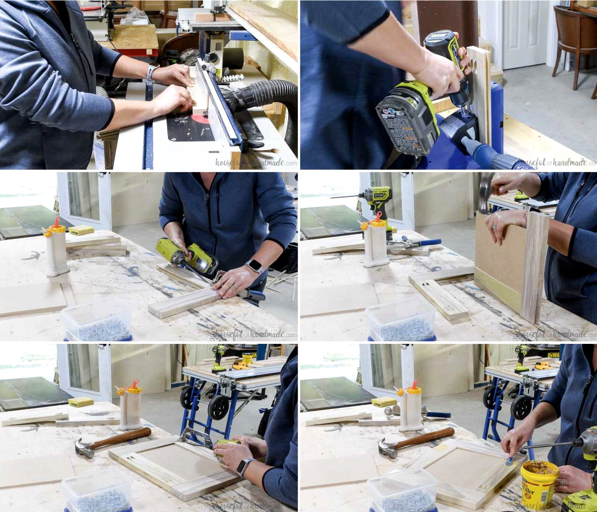Six images demonstrating how to make basic shaker cabinet doors with pocket holes.