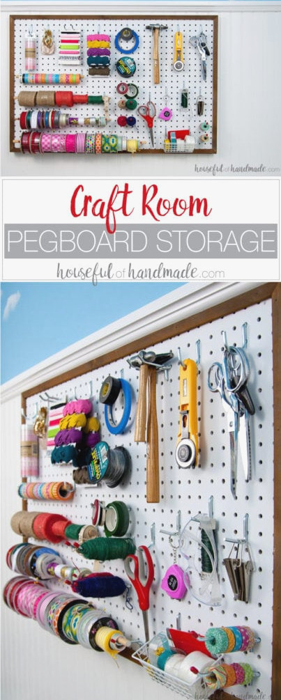 Create the perfect place to organize your most used supplies! Learn how to hang pegboard so it is removable if needed. Housefulofhandmade.com | Craft organization ideas | Craft room remodel | Pegboard organization | $100 Room Challenge | Easy woodworking | Easy building plans | Free Building plans