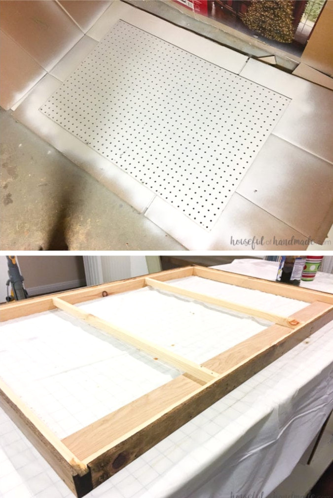 Create the perfect place to organize your most used supplies! Learn how to hang pegboard so it is removable if needed. Housefulofhandmade.com | Craft organization ideas | Craft room remodel | Pegboard organization | $100 Room Challenge | Easy woodworking | Easy building plans | Free Building plans