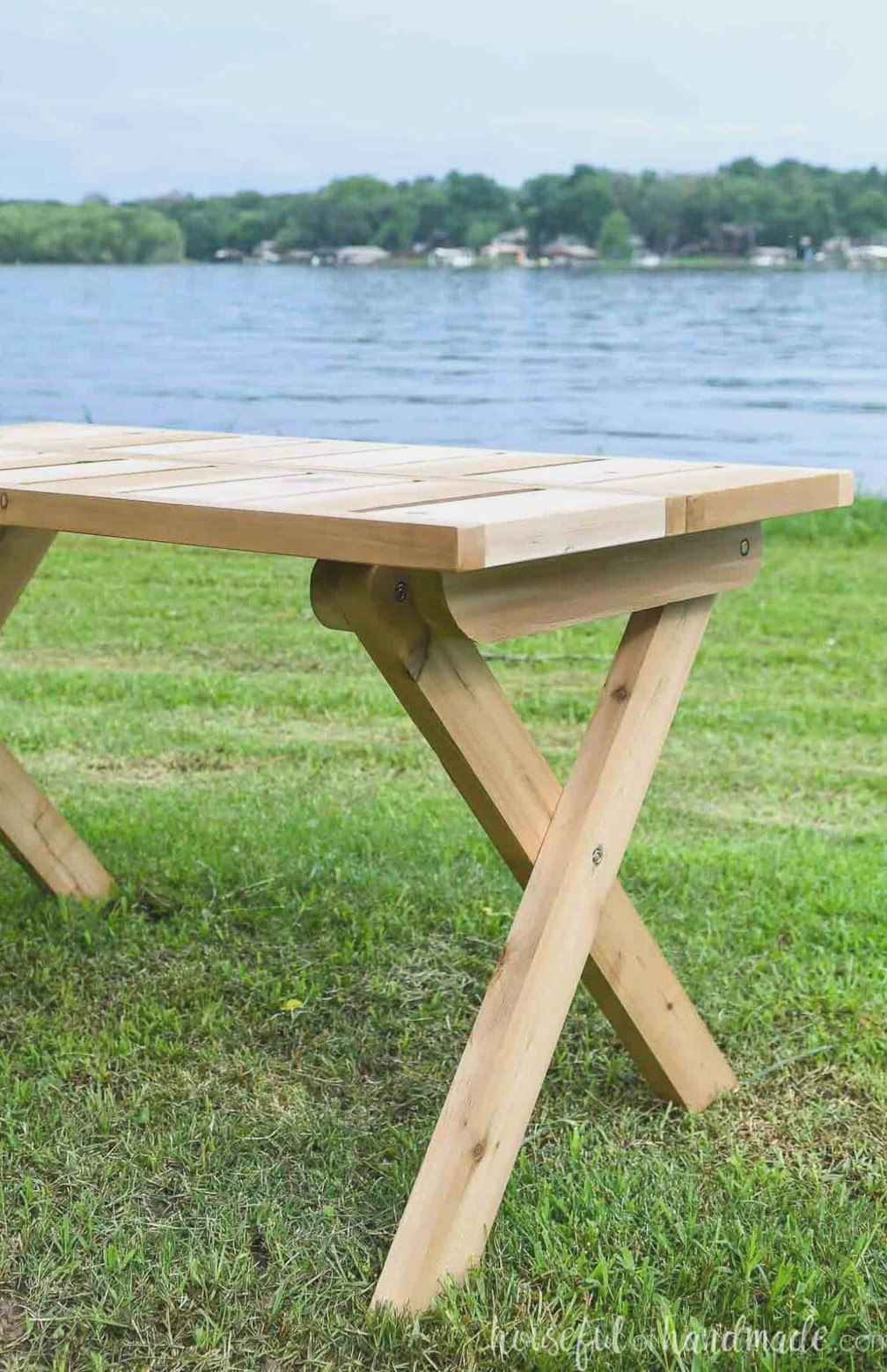 Detailed view of the folding picnic table legs.
