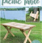 Wooden picnic table placed on the lawn, with a small inset showing it folded and the words DIY Folding Picnic Table.