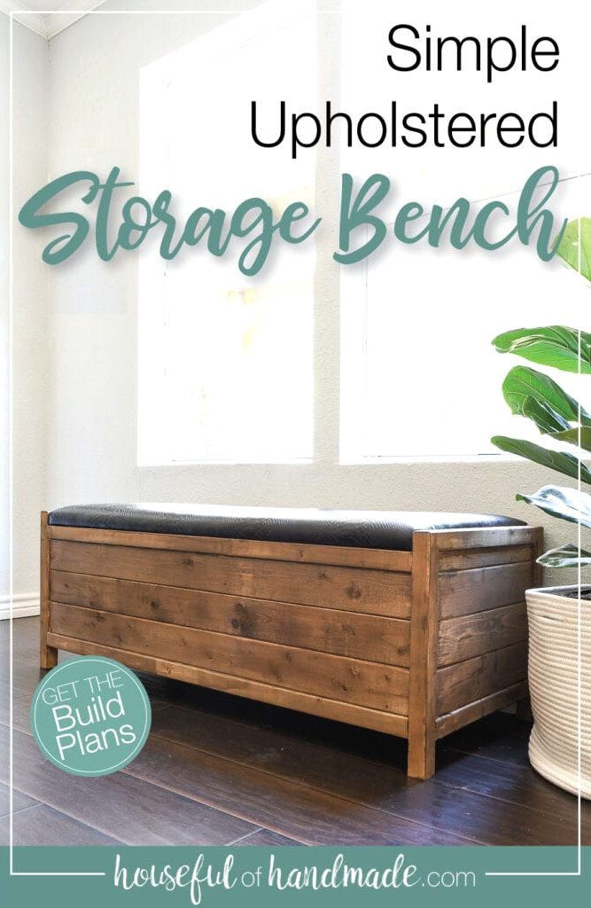 Wood storage bench with black upholstered top in front of a window with text overlay.