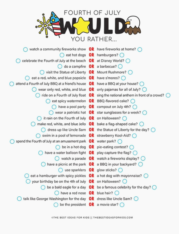 4th of July Would You Rather Checklist