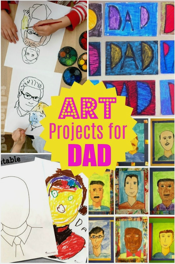 Collage of art projects for father's day, including printable and kids painting