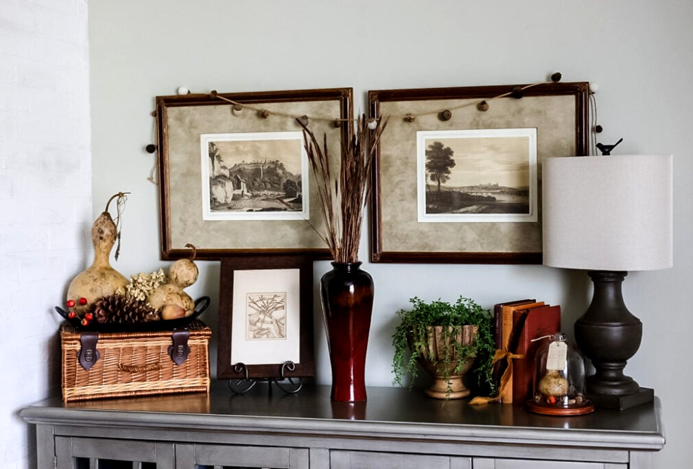 console cabinet decorated for fall
