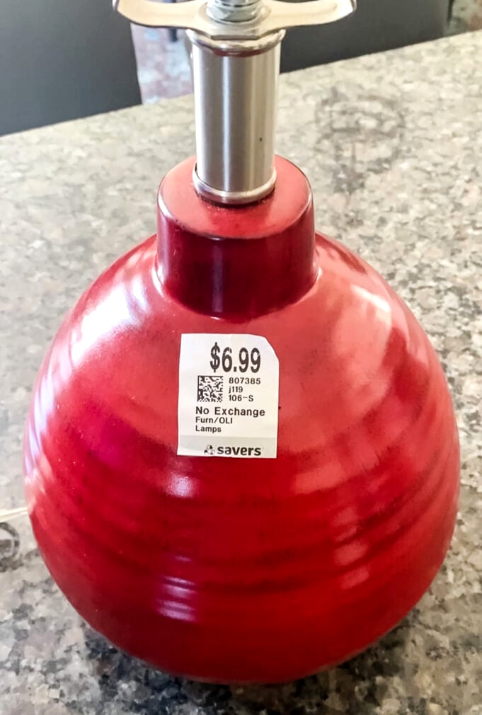 red thrift store lamp