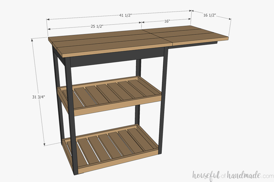 3D sketch of the kitchen baking cart with dimensions noted.