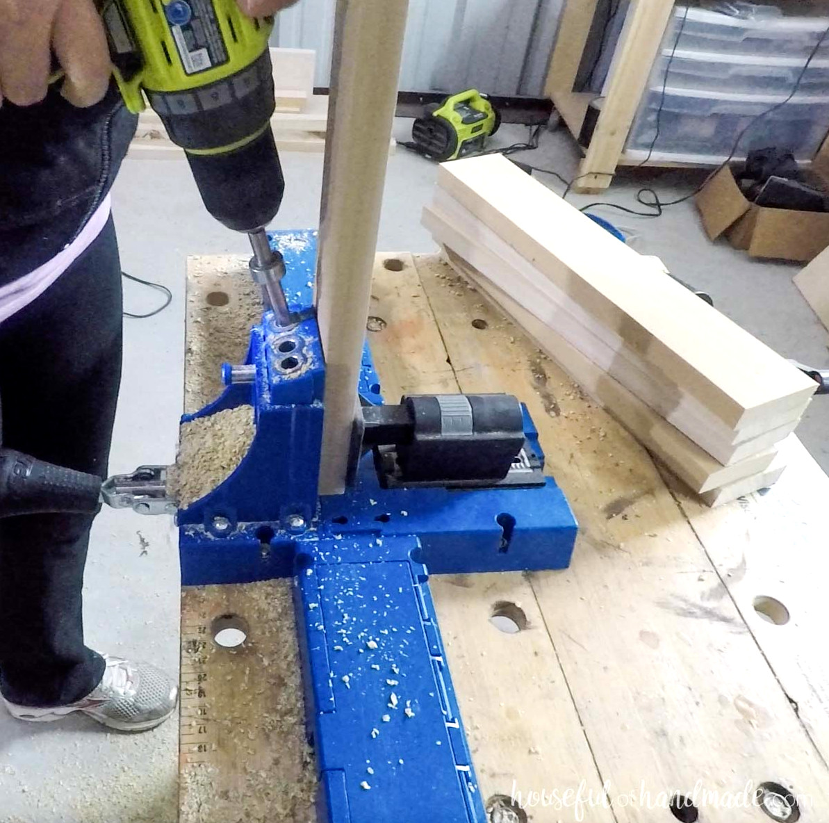 Drilling pocket holes in 1x3 boards.