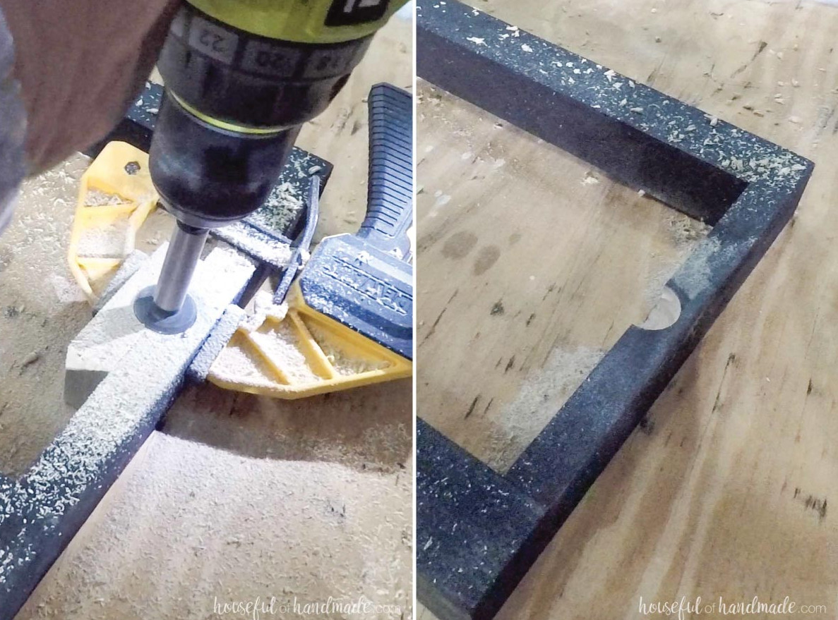 Drilling a half moon finger pull in the underside of the leaf support.