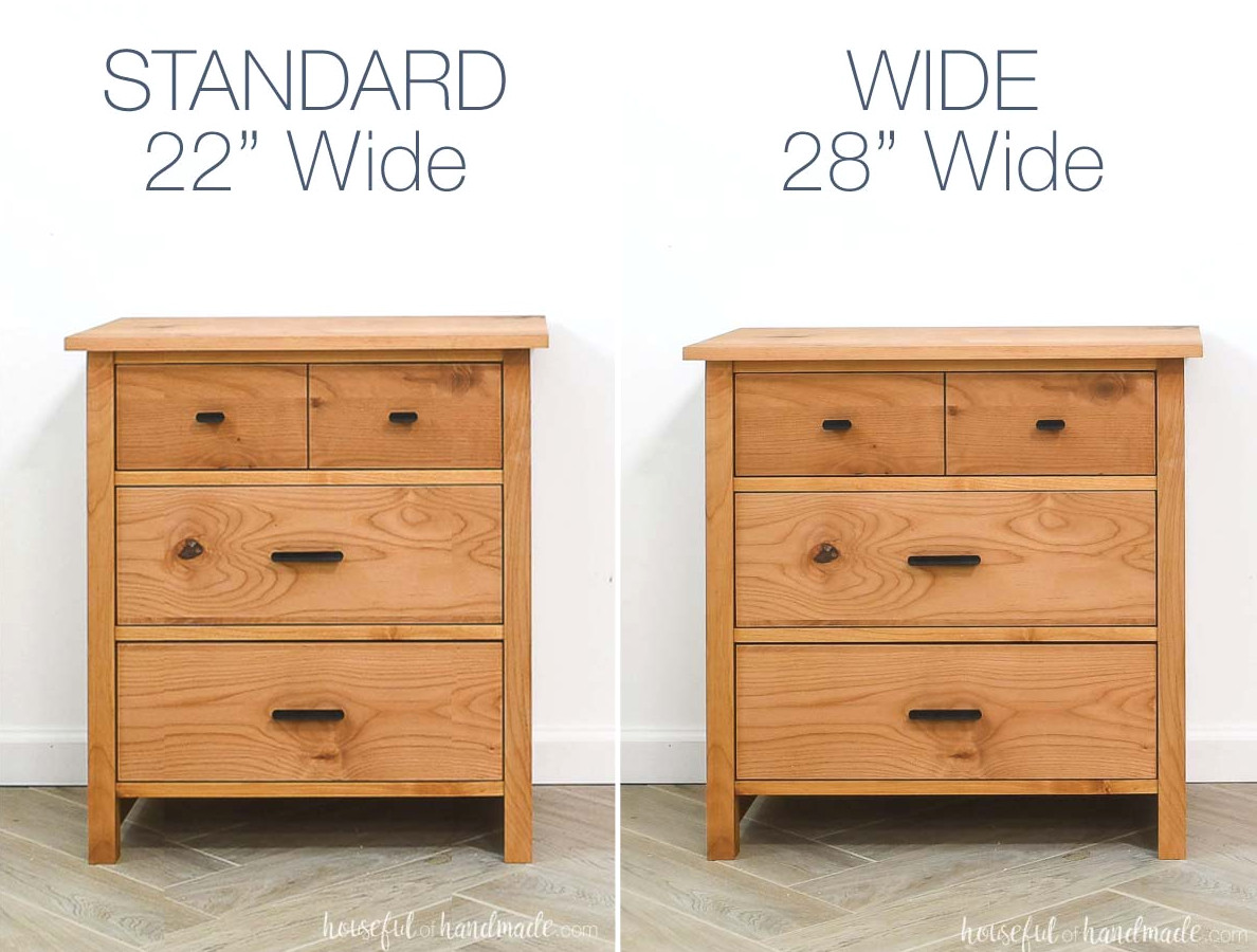 Two nightstands, with one wider than the other, and text displayed across the top. 