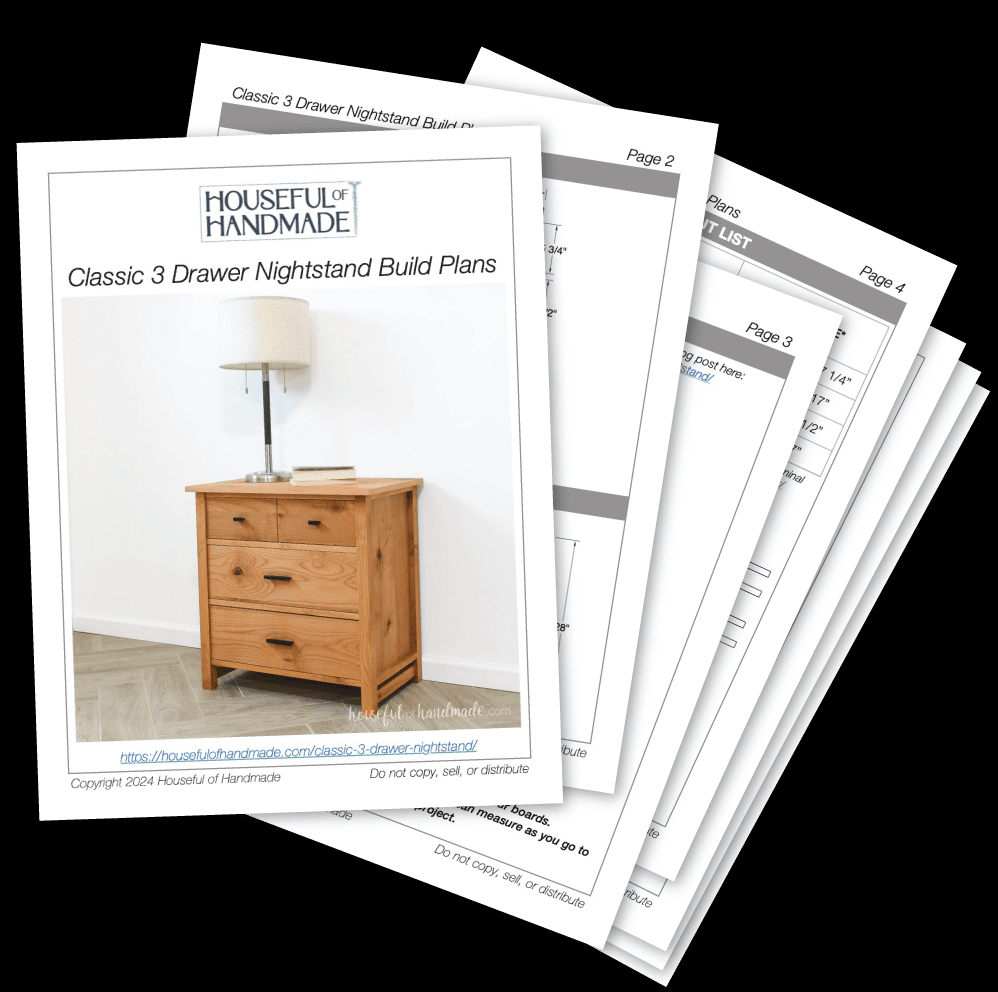 PDF plans showing a classic nightstand with 3 drawers.