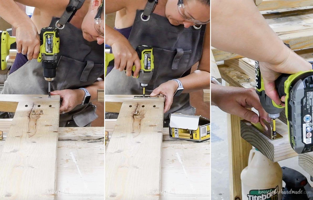 Drilling holes and installing surface mount bed rail brackets on a bed frame.