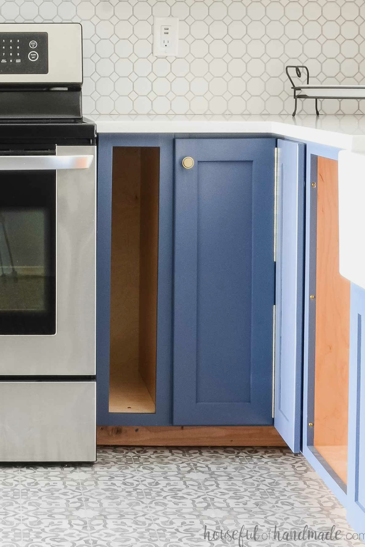 DIY bi-fold corner base cabinet positioned beside a kitchen range.