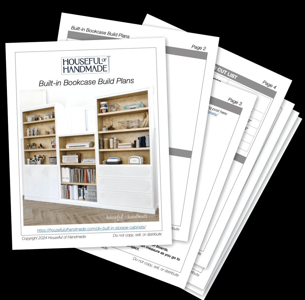 PDF Plans for built in bookcases with drawers and doors.