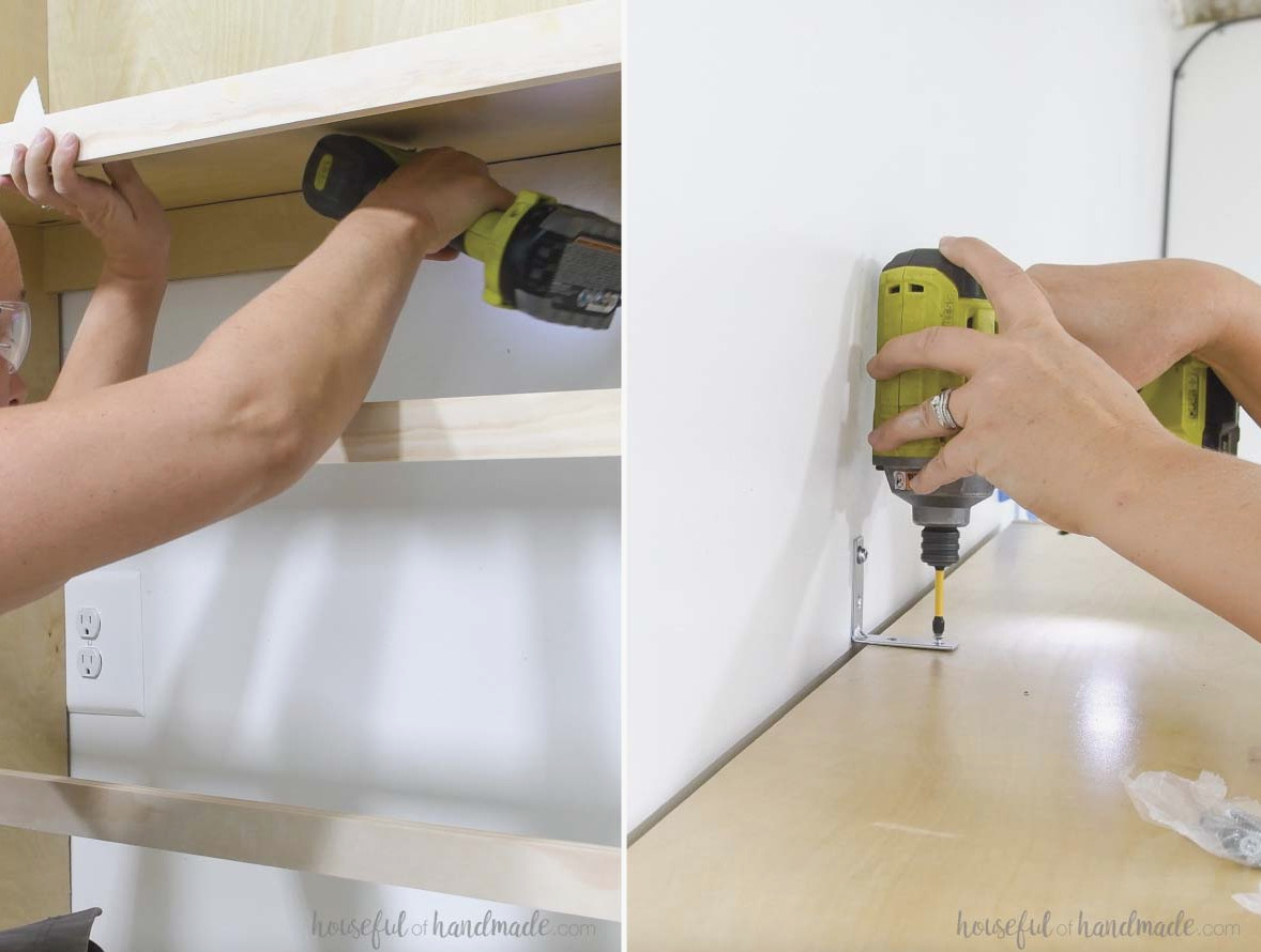 Fastening the tall cabinets to the walls. 