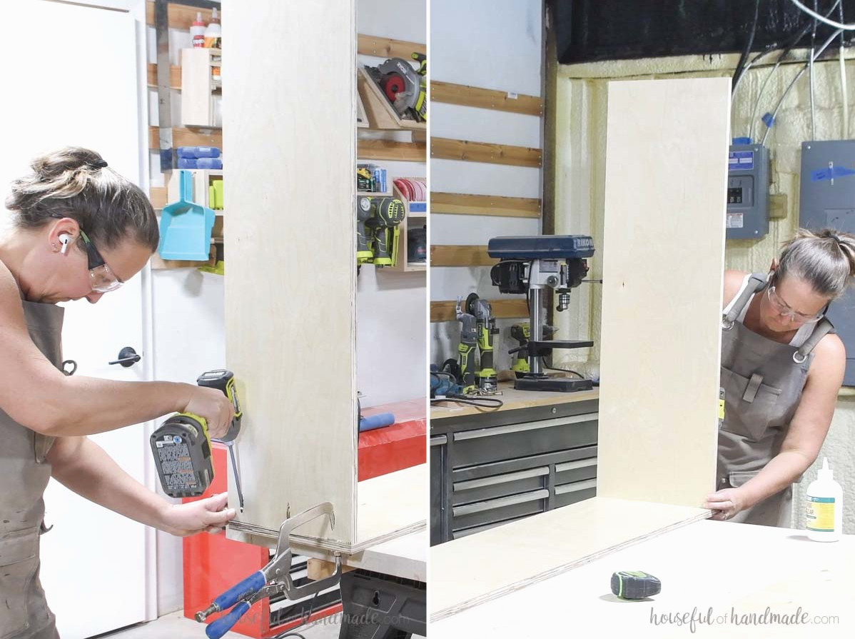 Attaching the top and bottom to one side piece with pocket holes.