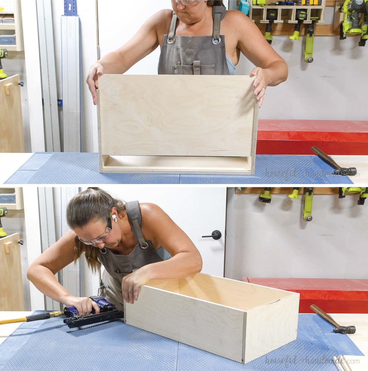 Inserting the drawer box bottom and fastening the back to close the box. 