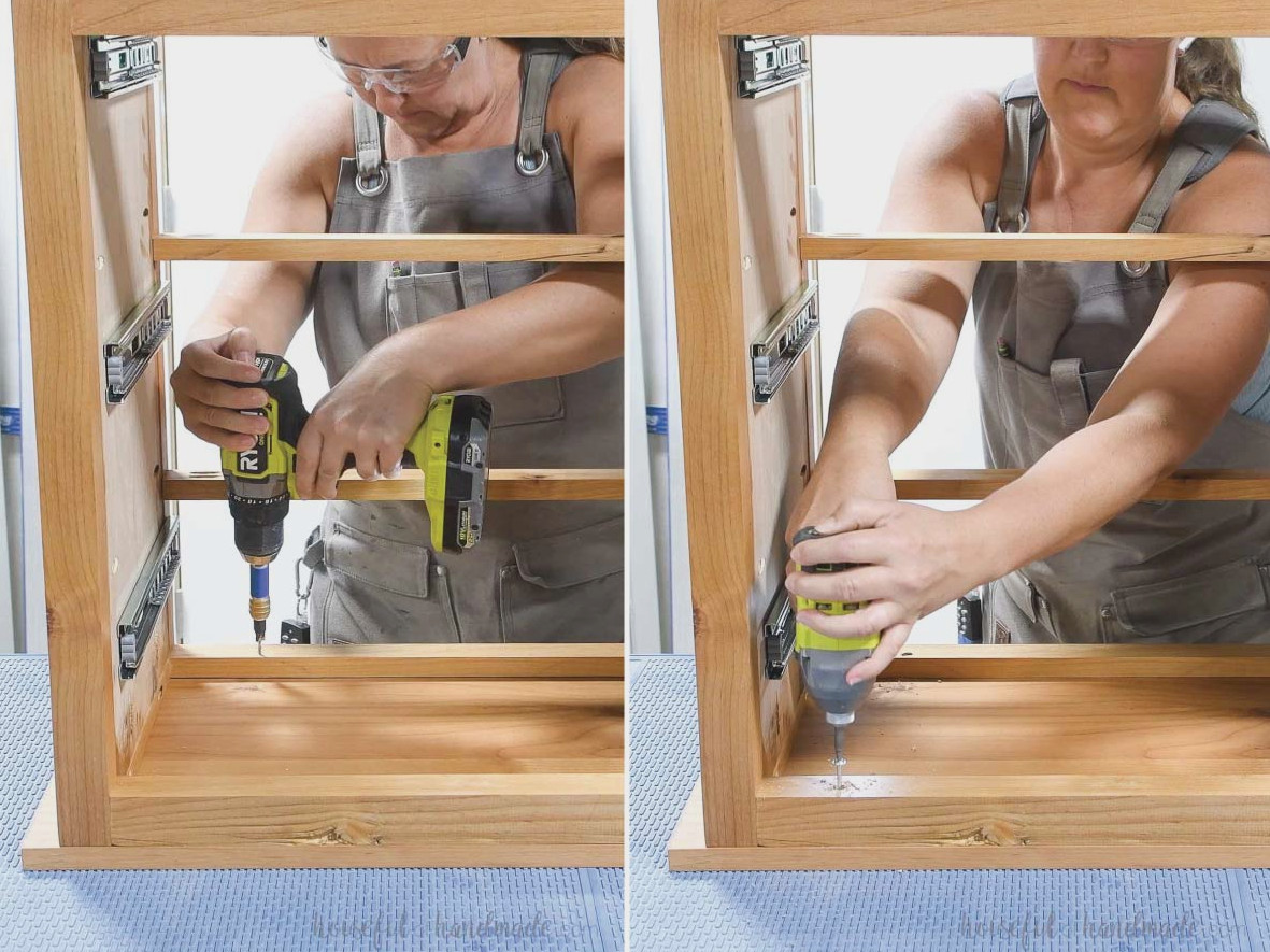 Securing the nightstand top with countersunk screws. 
