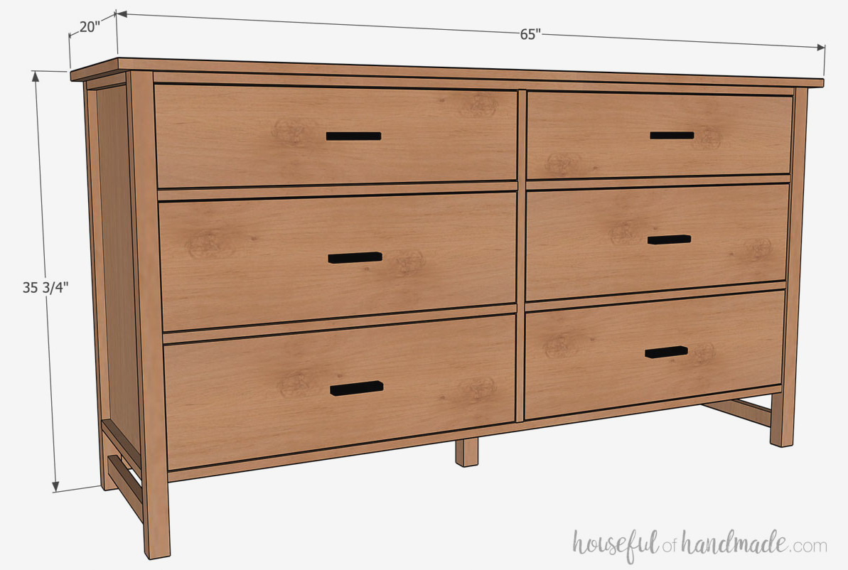 3D drawing of the 6 drawer dresser with the measurements labeled.
