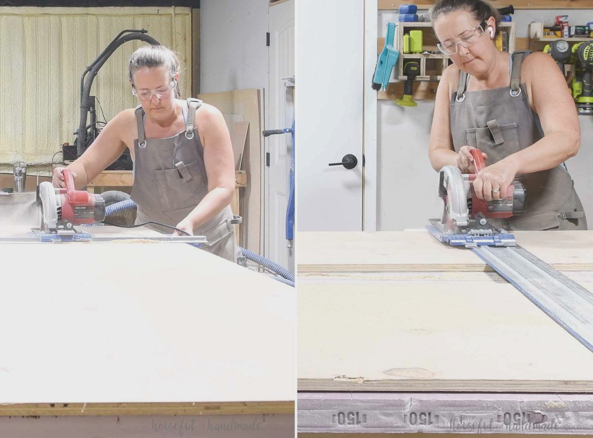 Using a circular saw to cut 3/4" plywood on rigid foam.