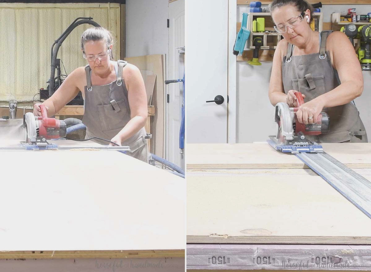 Breaking down 3/4" plywood with a circular saw atop a sheet of firm foam.