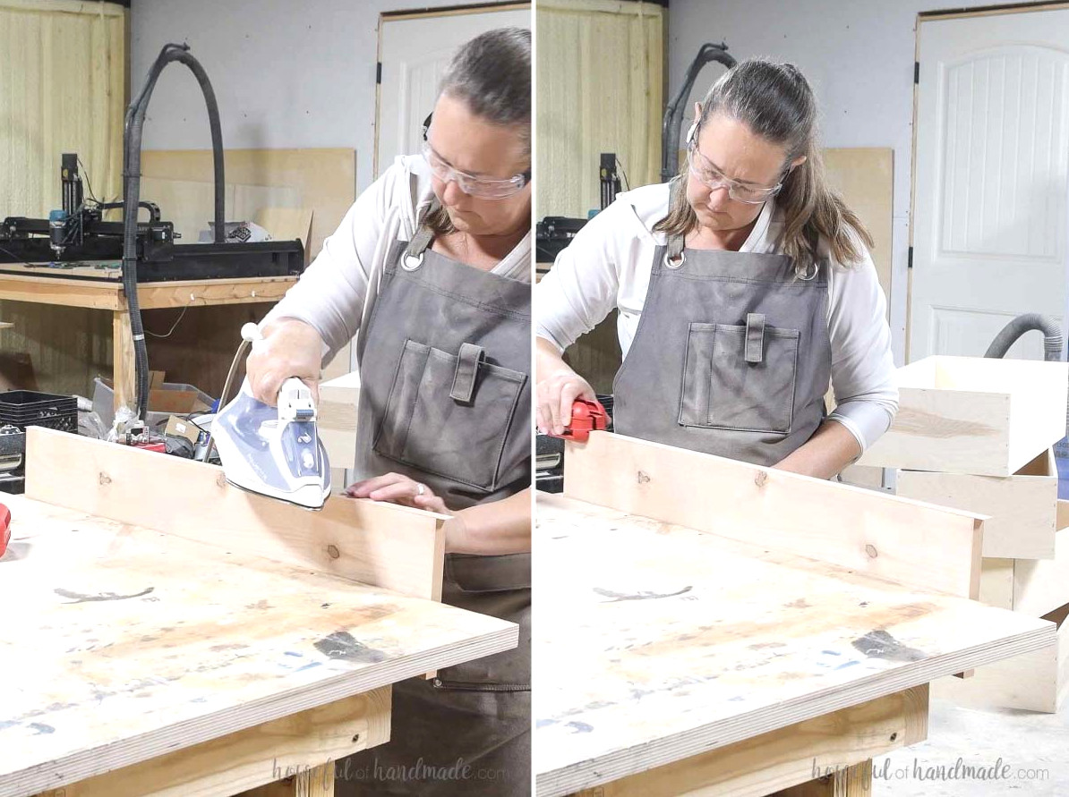 Adding iron on edge banding to the drawer front pieces.