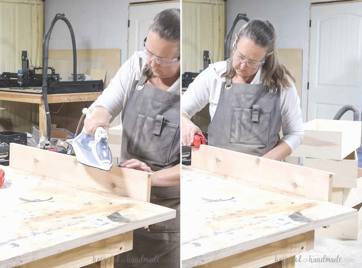 Adding iron on edge banding to the drawer front pieces. 