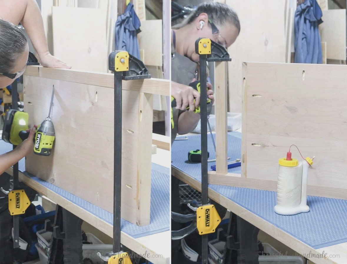 Attaching the side panel and trim to one leg. 