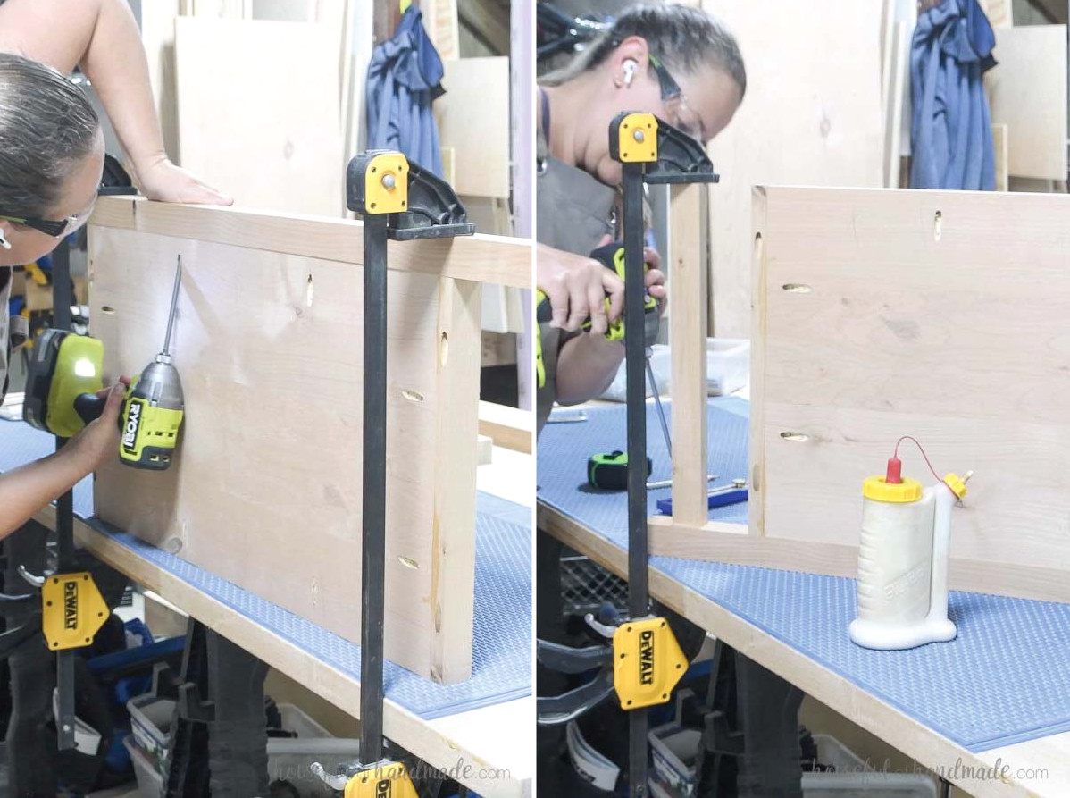 Securing the side panel and trim to one leg.