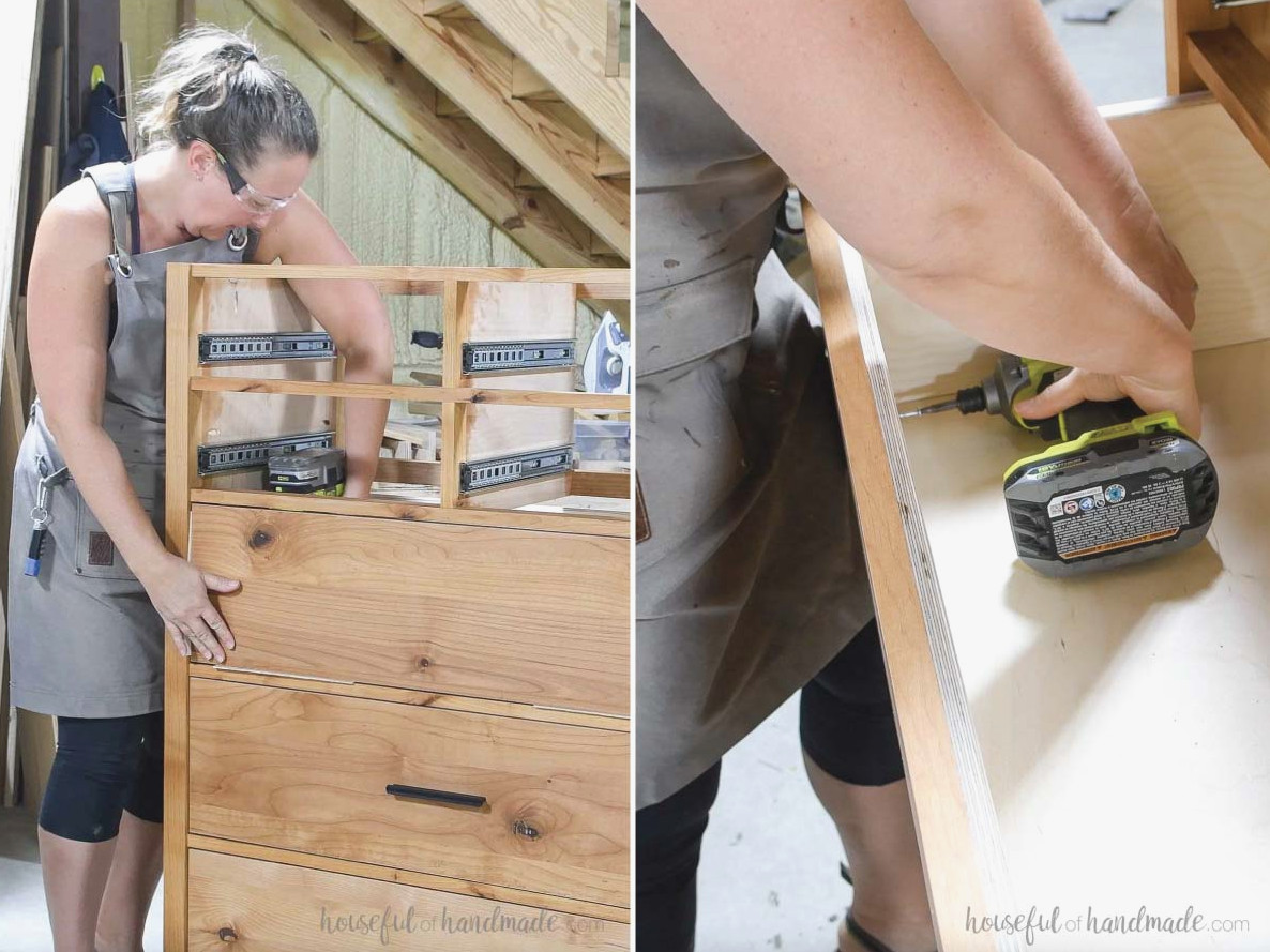 Attaching the drawer front with pneumatic nails and screws.