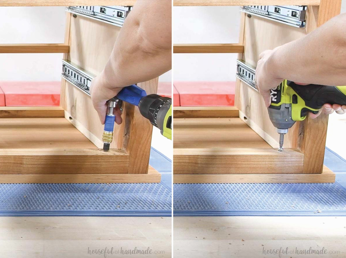 Attaching the top of the dresser with countersunk screws.